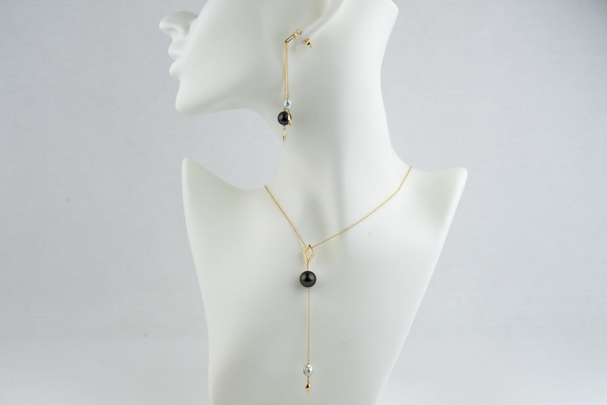 Tahitian Pearl & Keshi Chain Geometric Dangle Necklace on 14K Gold