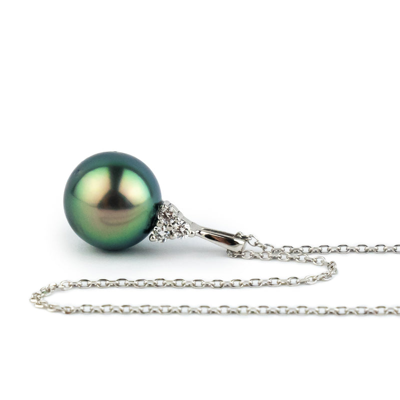 Indigo Peacock Tahitian Pearl & Diamond Toru Necklace on 14K White Gold