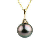 Pink Green Tahitian Pearl & Diamond Toru Necklace on 14K Yellow Gold