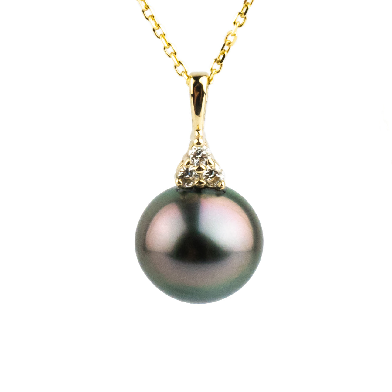 Pink Green Tahitian Pearl & Diamond Toru Necklace on 14K Yellow Gold