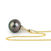 Pink Green Tahitian Pearl & Diamond Toru Necklace on 14K Yellow Gold