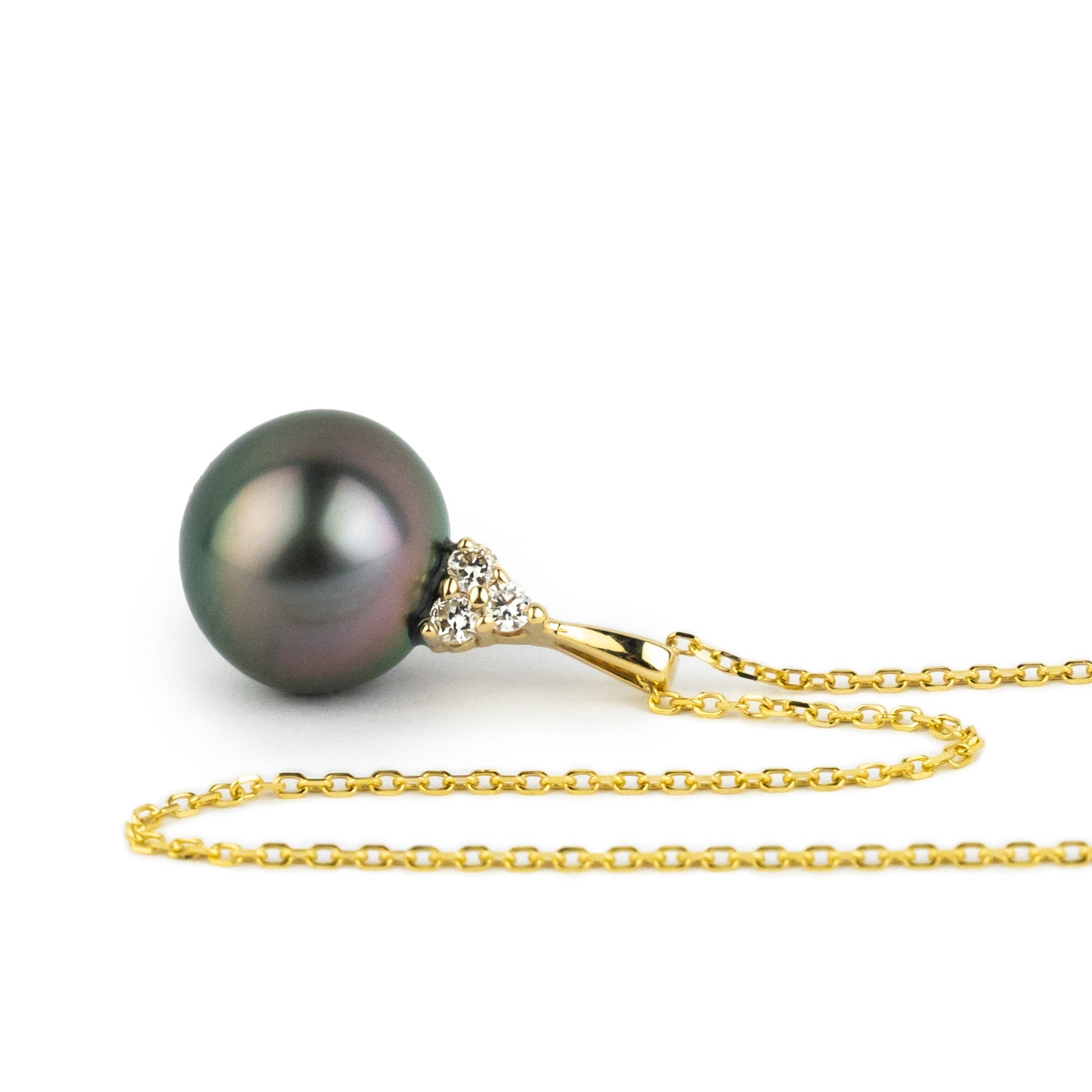 Pink Green Tahitian Pearl & Diamond Toru Necklace on 14K Yellow Gold