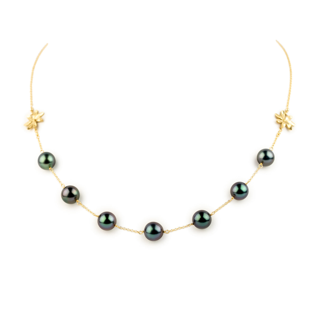 Tropical Midnight Septima Tiaré Tin-Cup Tahitian Pearl Necklace on 14k Yellow Gold