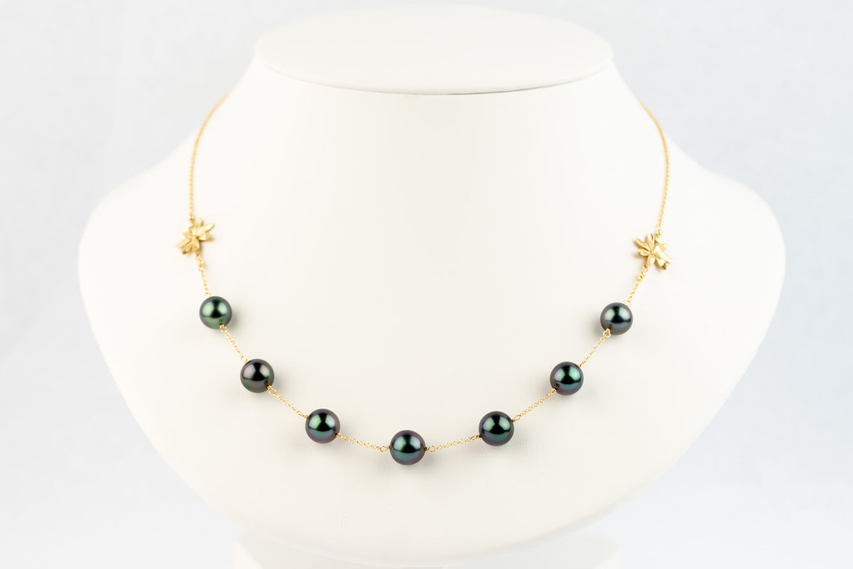 Tropical Midnight Septima Tiaré Tin-Cup Tahitian Pearl Necklace on 14k Yellow Gold