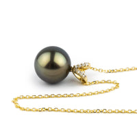 Iridescent Green Tahitian Pearl & Diamond Hoa Necklace on 14K Yellow Gold