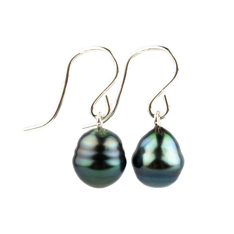 Indigo Green Circled Tahitian Pearl Dangles on Sterling Silver