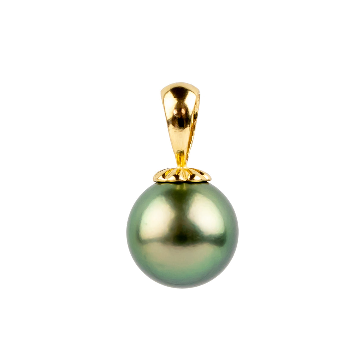 Glowing Green 10.5mm Tahitian Pearl Pendant on 14K Yellow Gold