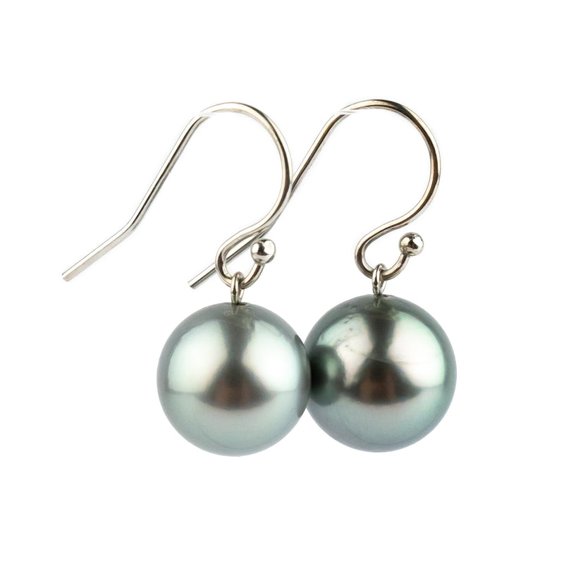 Silvery Blue Pink Tahitian Pearl Dangle Earrings on 14K White Gold
