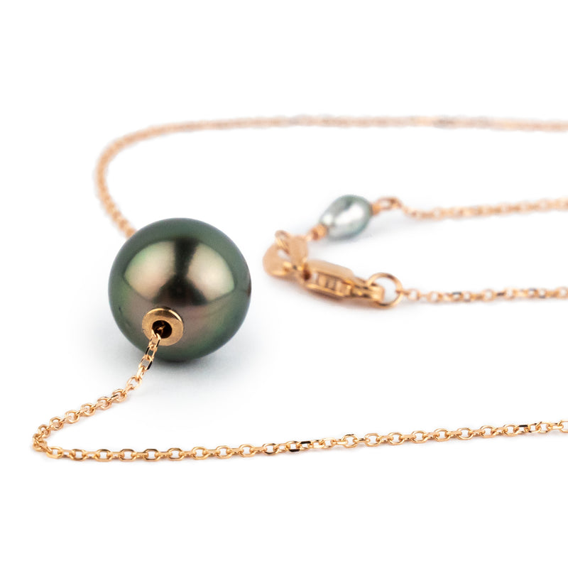 Rosy Pink Green 9.7mm Tahitian Pearl Solitaire Necklace on 14K Rose Gold