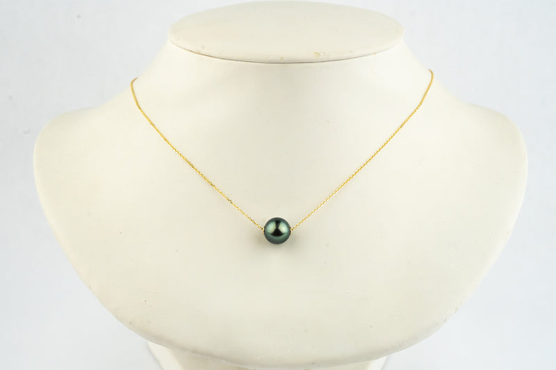 Indigo-Green 9.2mm Pearl Solitaire Necklace on 14K Yellow Gold