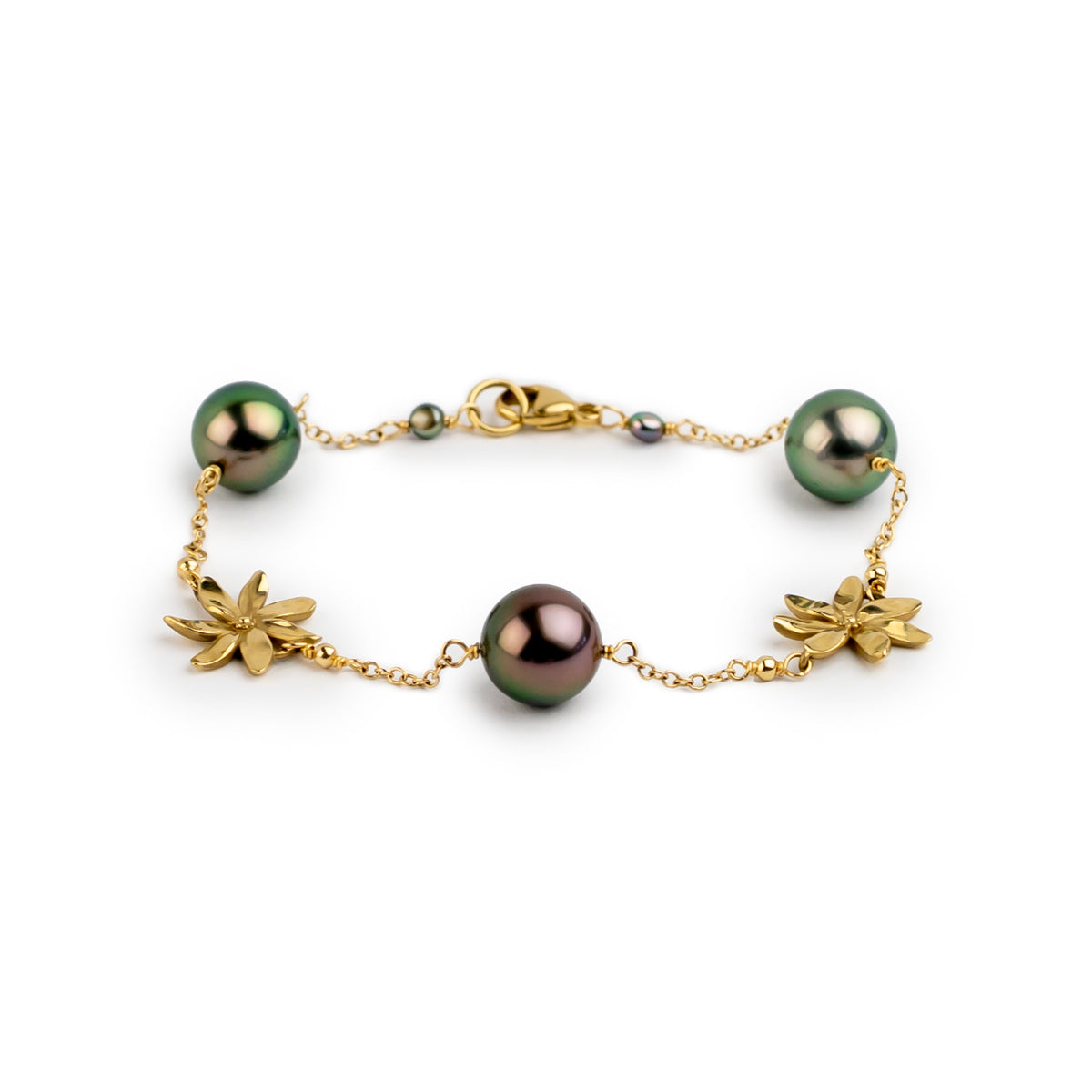 Garnet Green Tiaré Tahitian Pearl Tin Cup Bracelet on 14k Yellow Gold