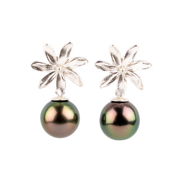 Aubergine Peacock Tiaré Sterling Silver Tahitian Pearl Dangle Earrings