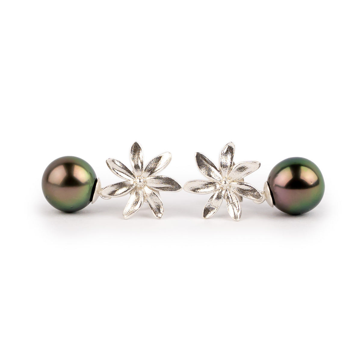 Aubergine Peacock Tiaré Sterling Silver Tahitian Pearl Dangle Earrings