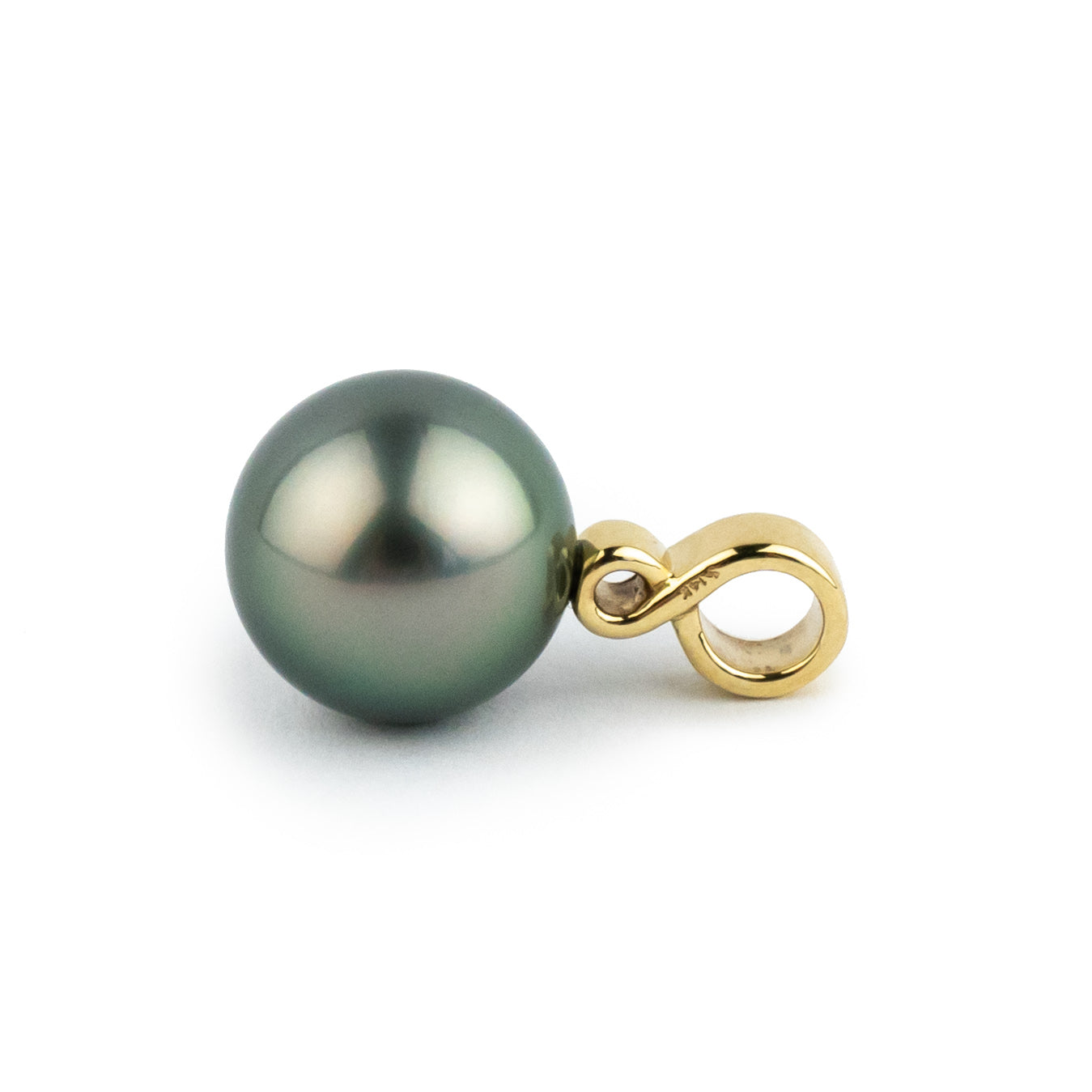 Silvery Pink-Green 10mm Tahitian Pearl Infinity Pendant on 14K Yellow Gold