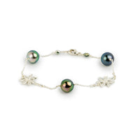 Flashy Peacock Tiaré Tahitian Pearl Tin Cup Bracelet on Sterling Silver