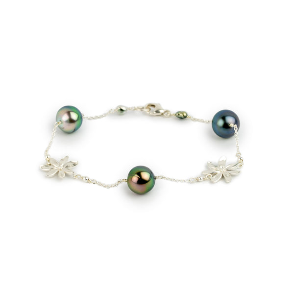 Flashy Peacock Tiaré Tahitian Pearl Tin Cup Bracelet on Sterling