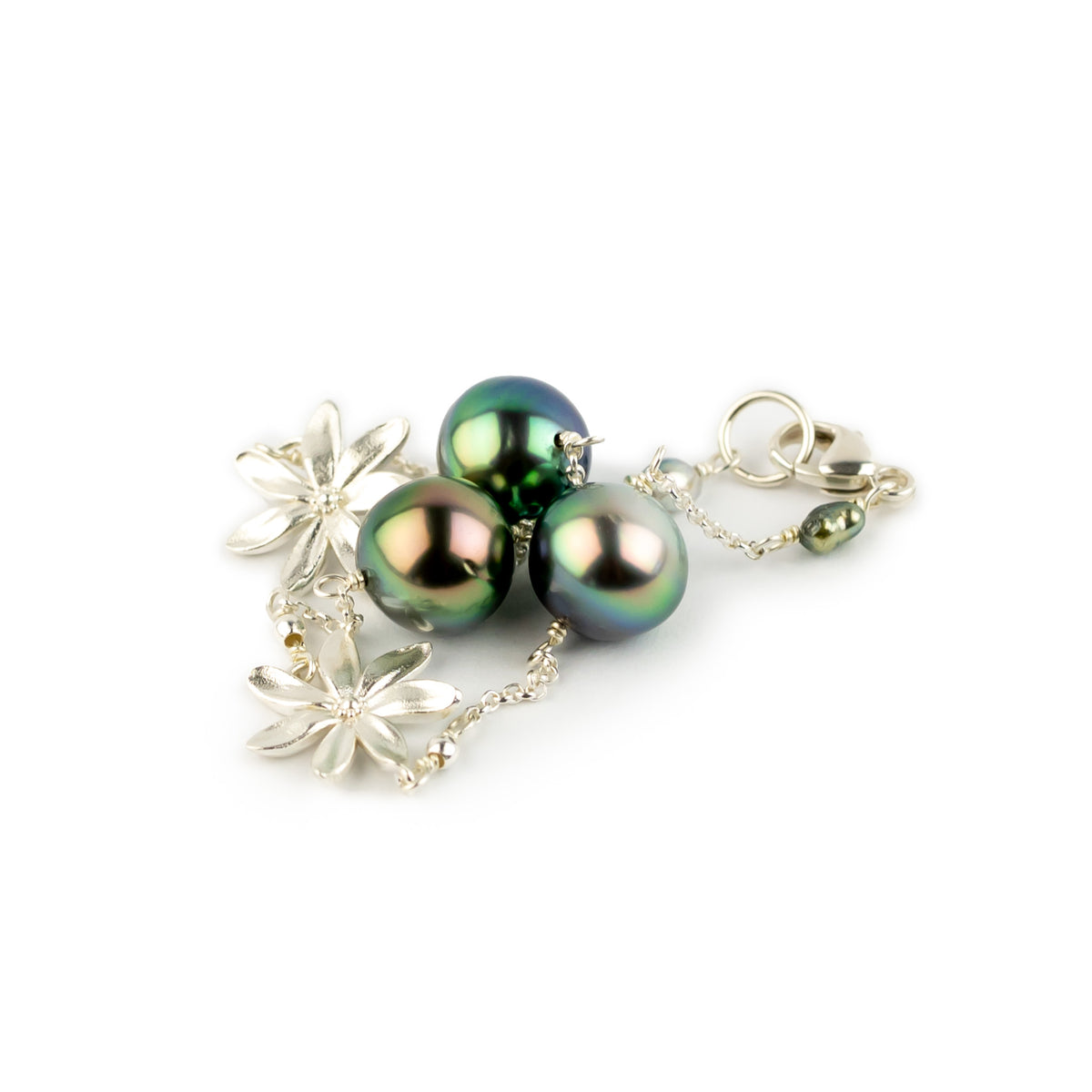 Flashy Peacock Tiaré Tahitian Pearl Tin Cup Bracelet on Sterling Silver