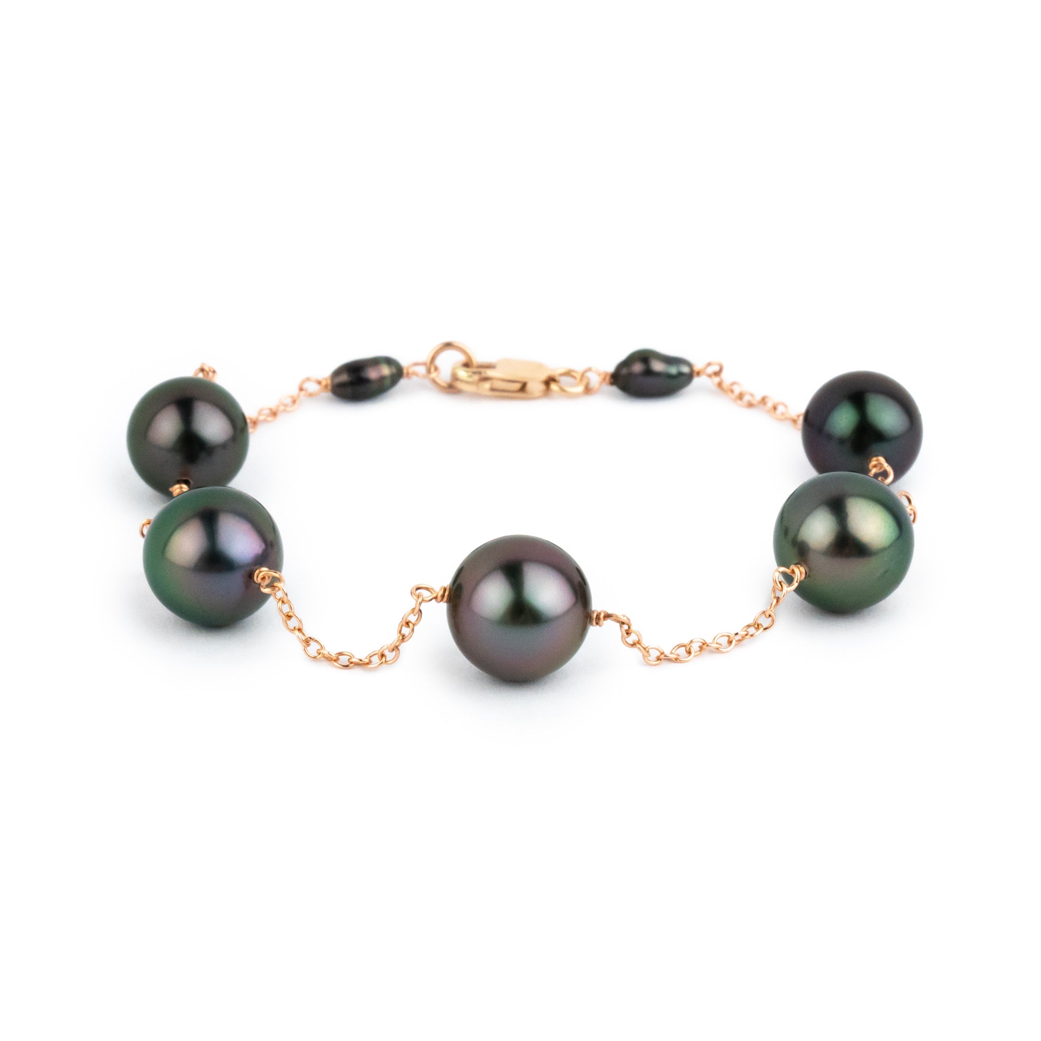 Flashy Purple Green Tahitian Pearl Tin Cup Bracelet on 14K Rose Gold