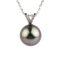Silvery Lavender-Pink Tahitian Pearl & Diamond Hoa Necklace on 14K White Gold