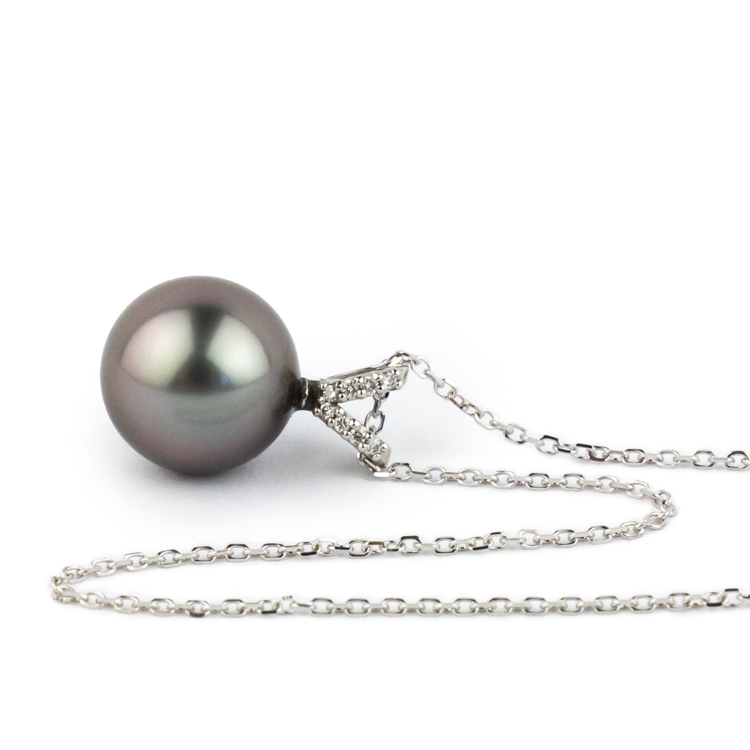 Silvery Lavender-Pink Tahitian Pearl & Diamond Hoa Necklace on 14K White Gold