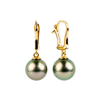 Rosy Pink Green 9.5mm Tahitian Pearl Lever Back Earrings on 14K Yellow Gold