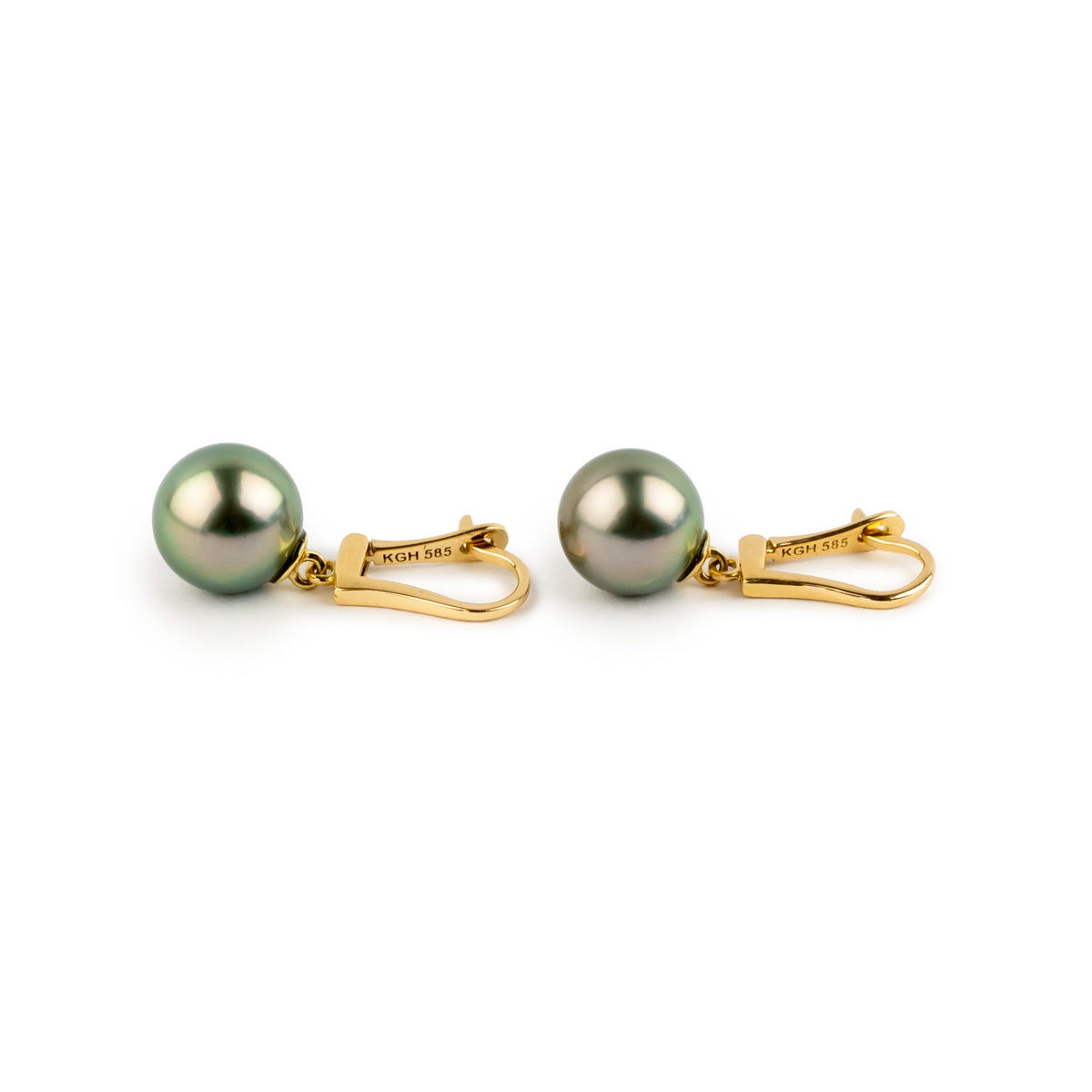 Rosy Pink Green 9.5mm Tahitian Pearl Lever Back Earrings on 14K Yellow Gold