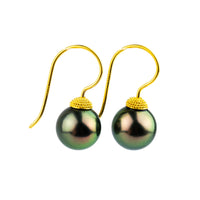 18K Bali Vibrant Peacock Green Tahitian Pearl Hook Earrings