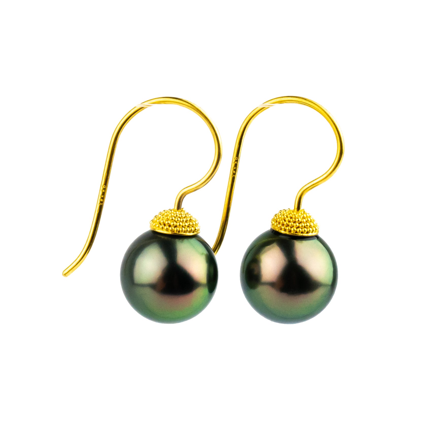 18K Bali Vibrant Peacock Green Tahitian Pearl Hook Earrings