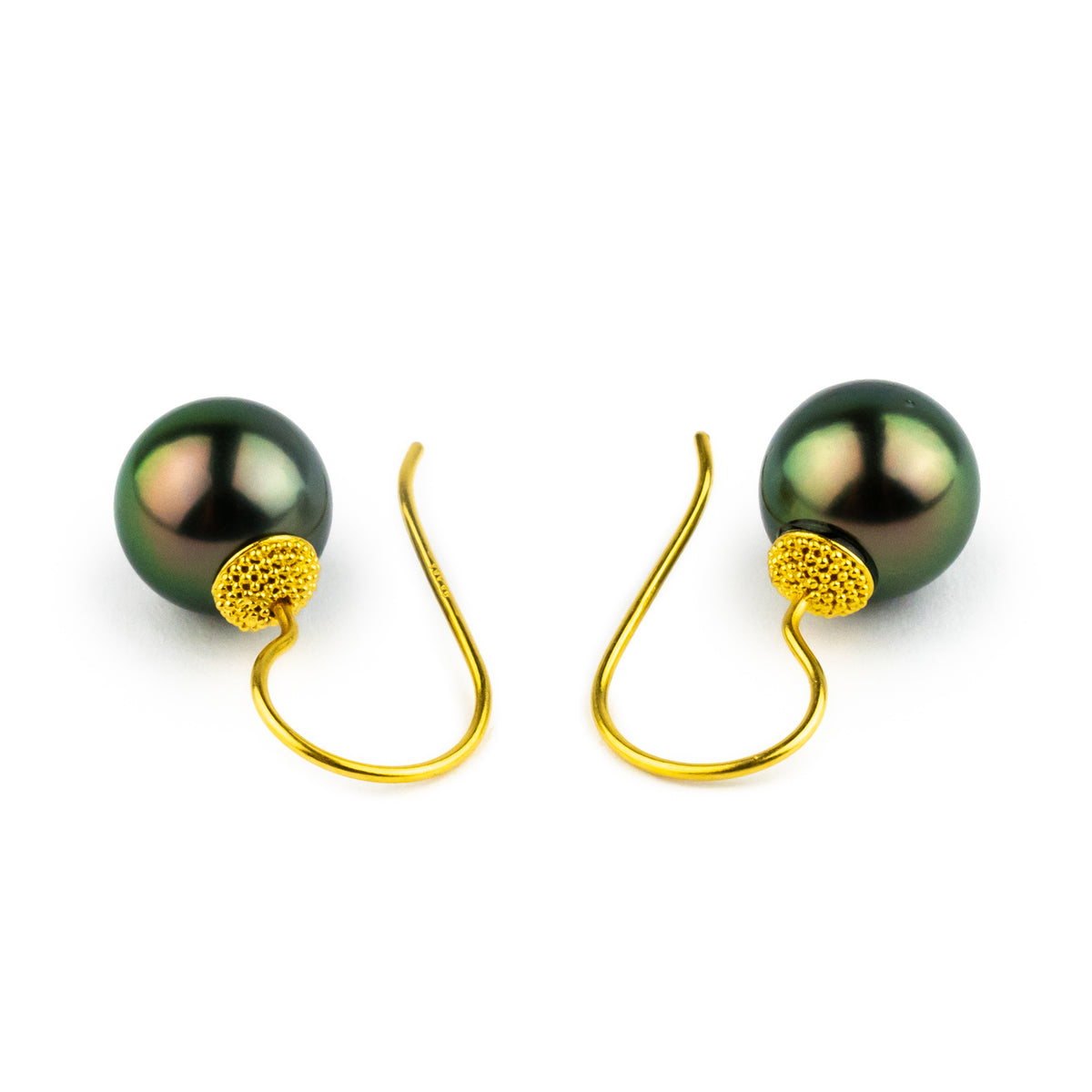 18K Bali Vibrant Peacock Green Tahitian Pearl Hook Earrings