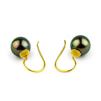 18K Bali Vibrant Peacock Green Tahitian Pearl Hook Earrings