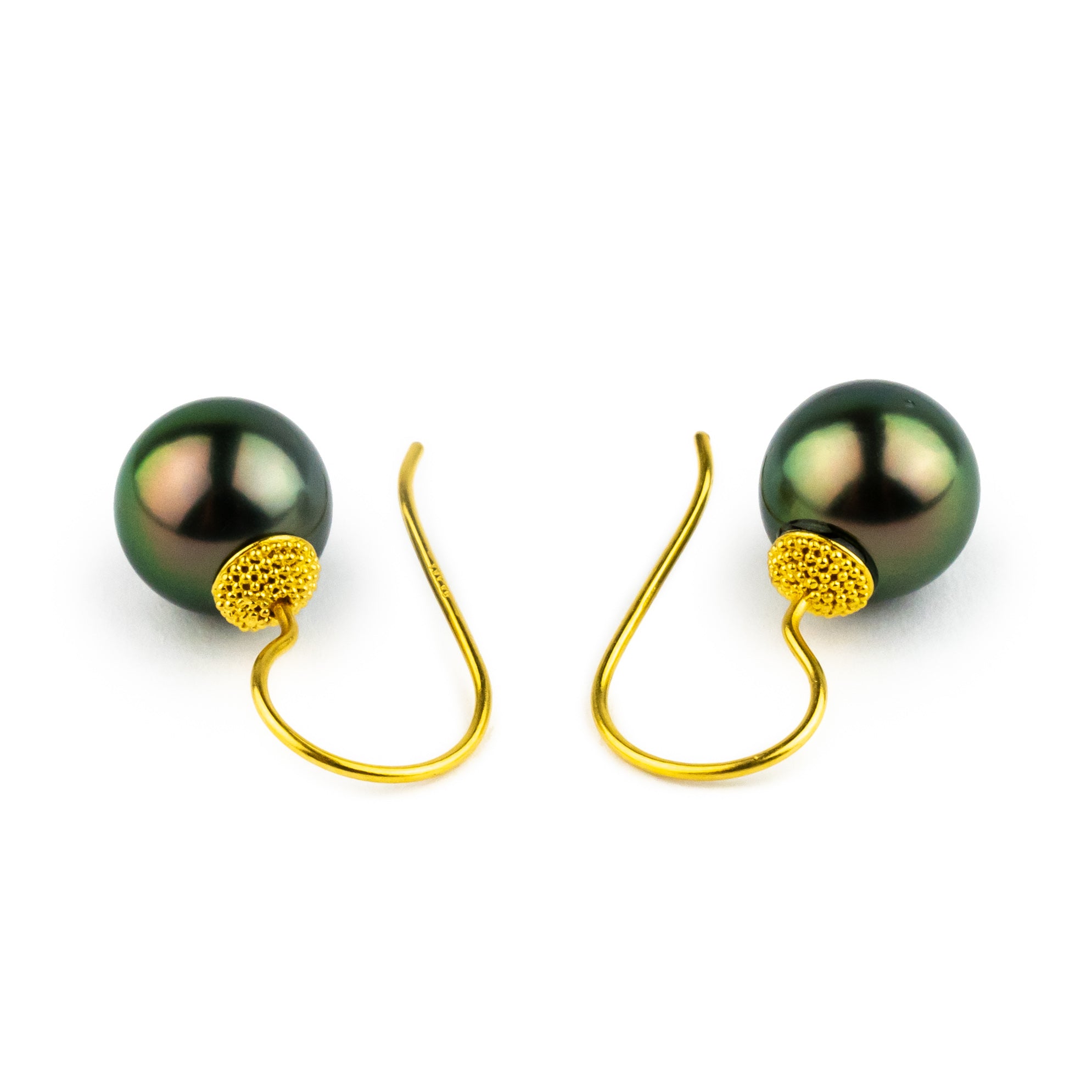 18K Bali Vibrant Peacock Green Tahitian Pearl Hook Earrings
