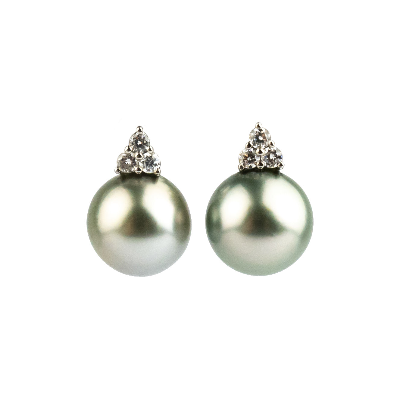 Golden Pink Green Tahitian Pearl & Diamond Toru Earrings on 14K White Gold