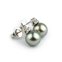 Golden Pink Green Tahitian Pearl & Diamond Toru Earrings on 14K White Gold