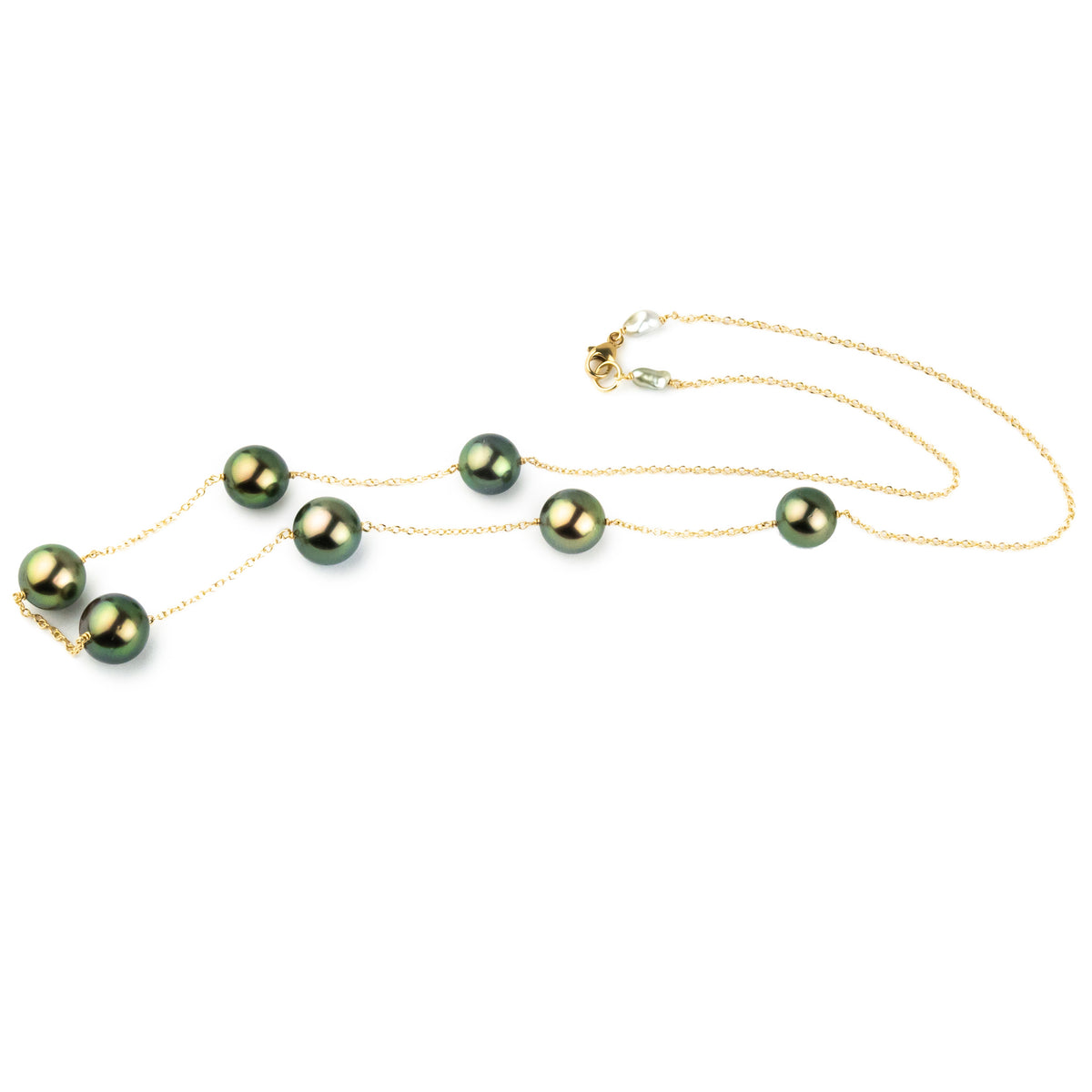 Golden Peacock Green Tin-Cup Tahitian Pearl Necklace on 14K Yellow Gold