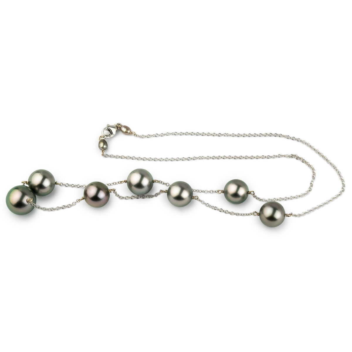 Silvery Pink-Green Tahitian Pearl Tin-Cup Necklace on 14k White Gold