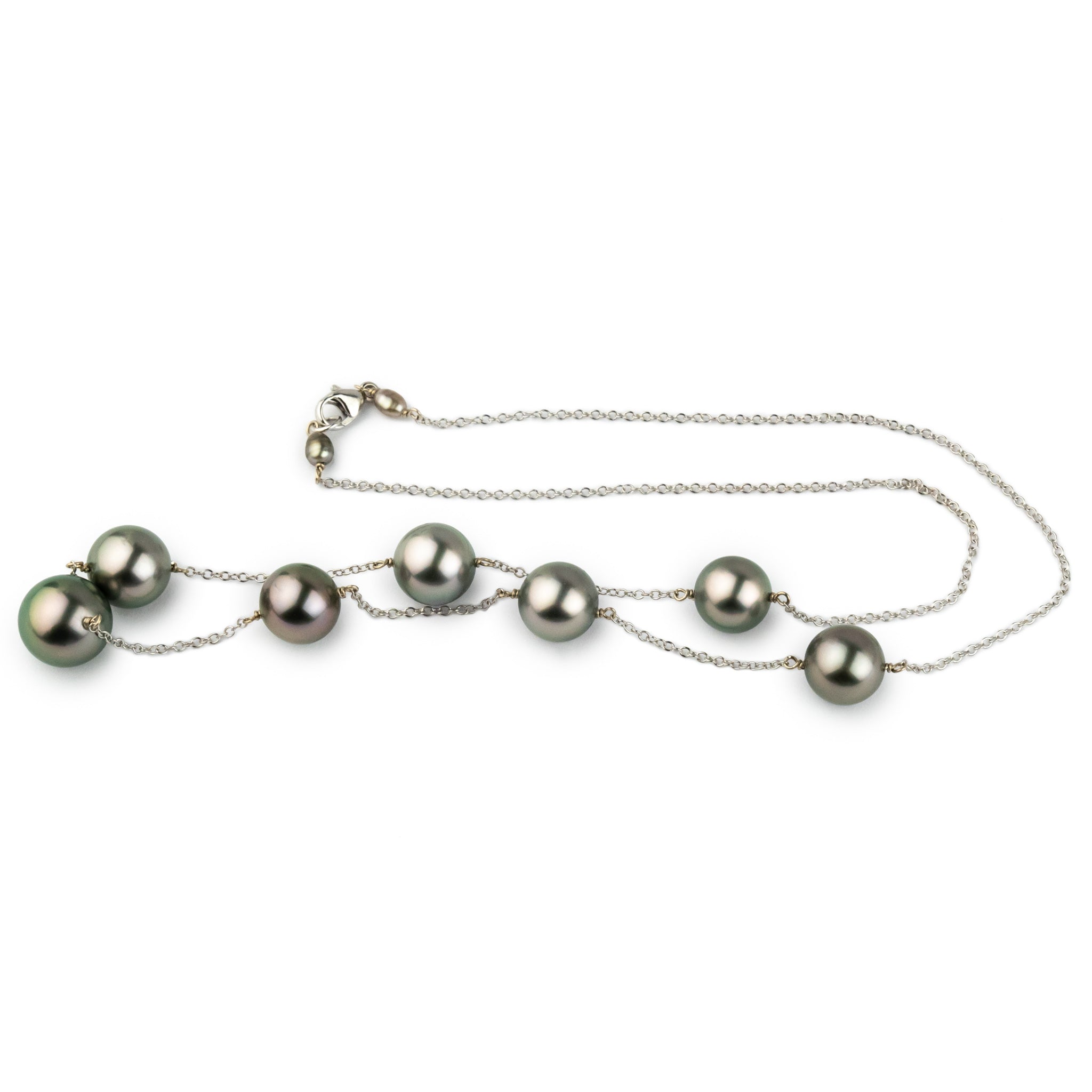 Silvery Pink-Green Tahitian Pearl Tin-Cup Necklace on 14k White Gold