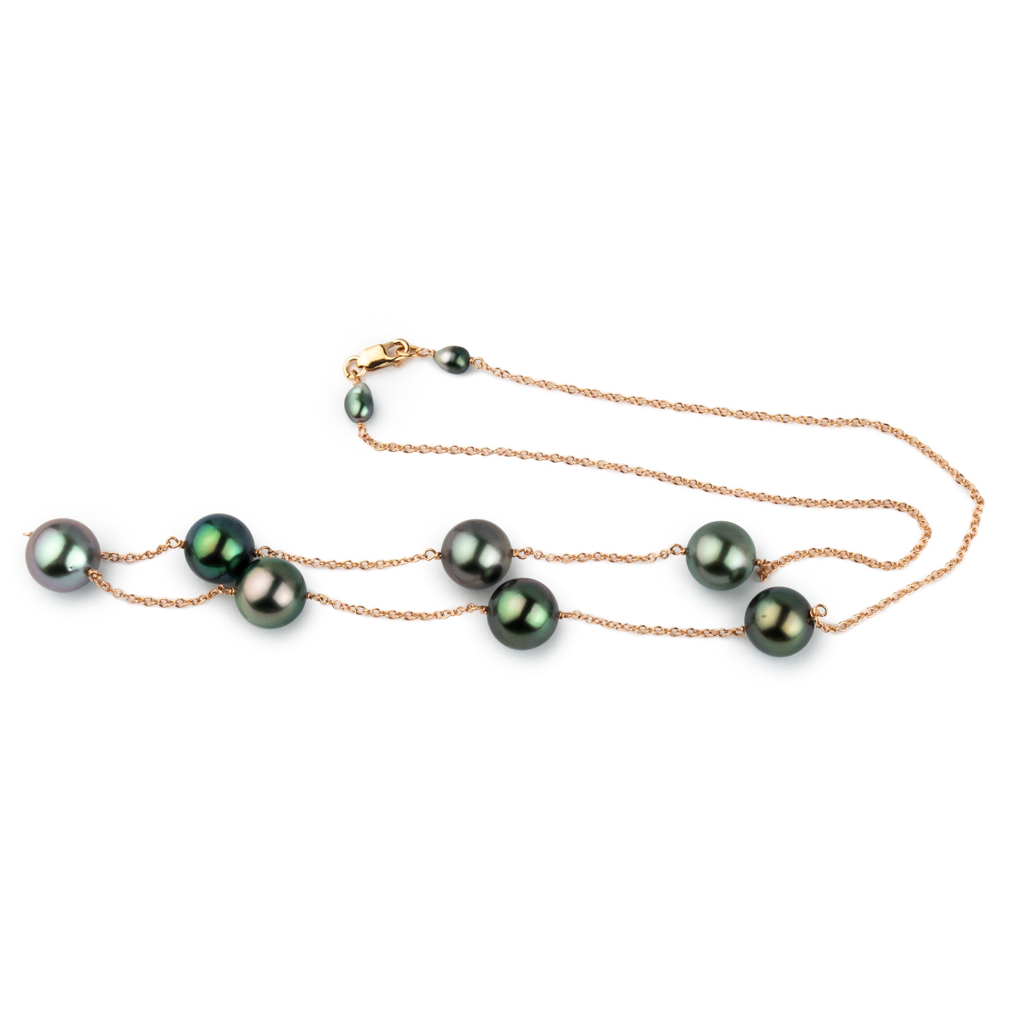 Flashy Purple Green Tahitian Pearl Tin-Cup Necklace on 14k Rose Gold