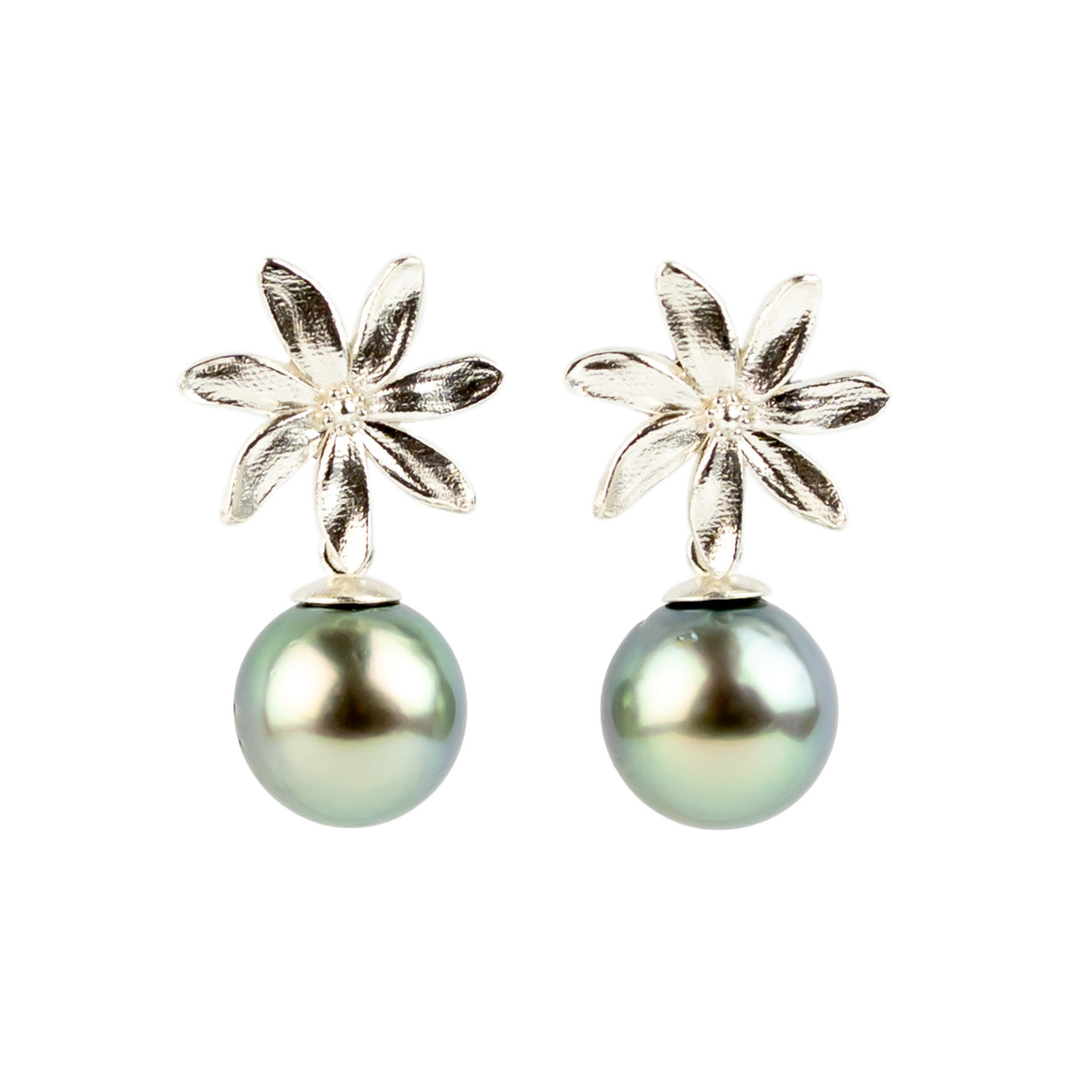 Shimmery Blue Green Tiaré Sterling Silver Tahitian Pearl Dangle Earrings