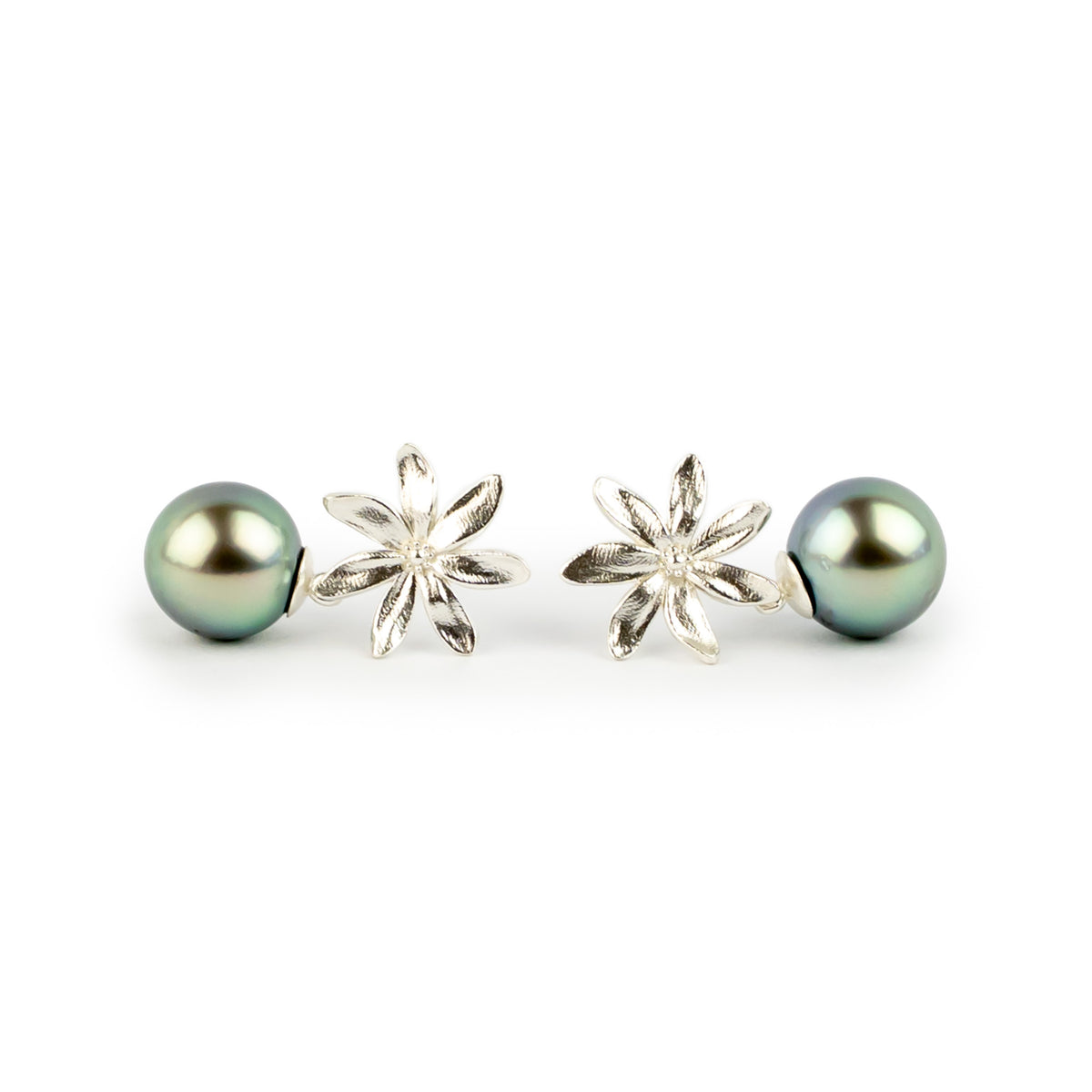 Shimmery Blue Green Tiaré Sterling Silver Tahitian Pearl Dangle Earrings