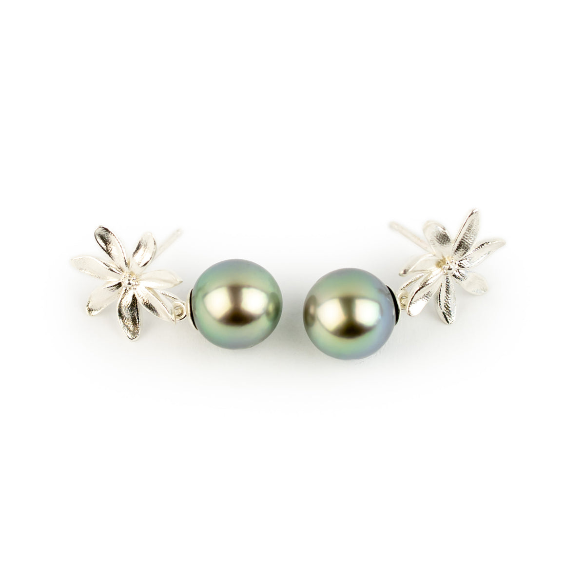 Shimmery Blue Green Tiaré Sterling Silver Tahitian Pearl Dangle Earrings