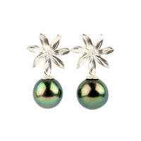 Peacock Green Tiaré Sterling Silver Tahitian Pearl Dangle Earrings