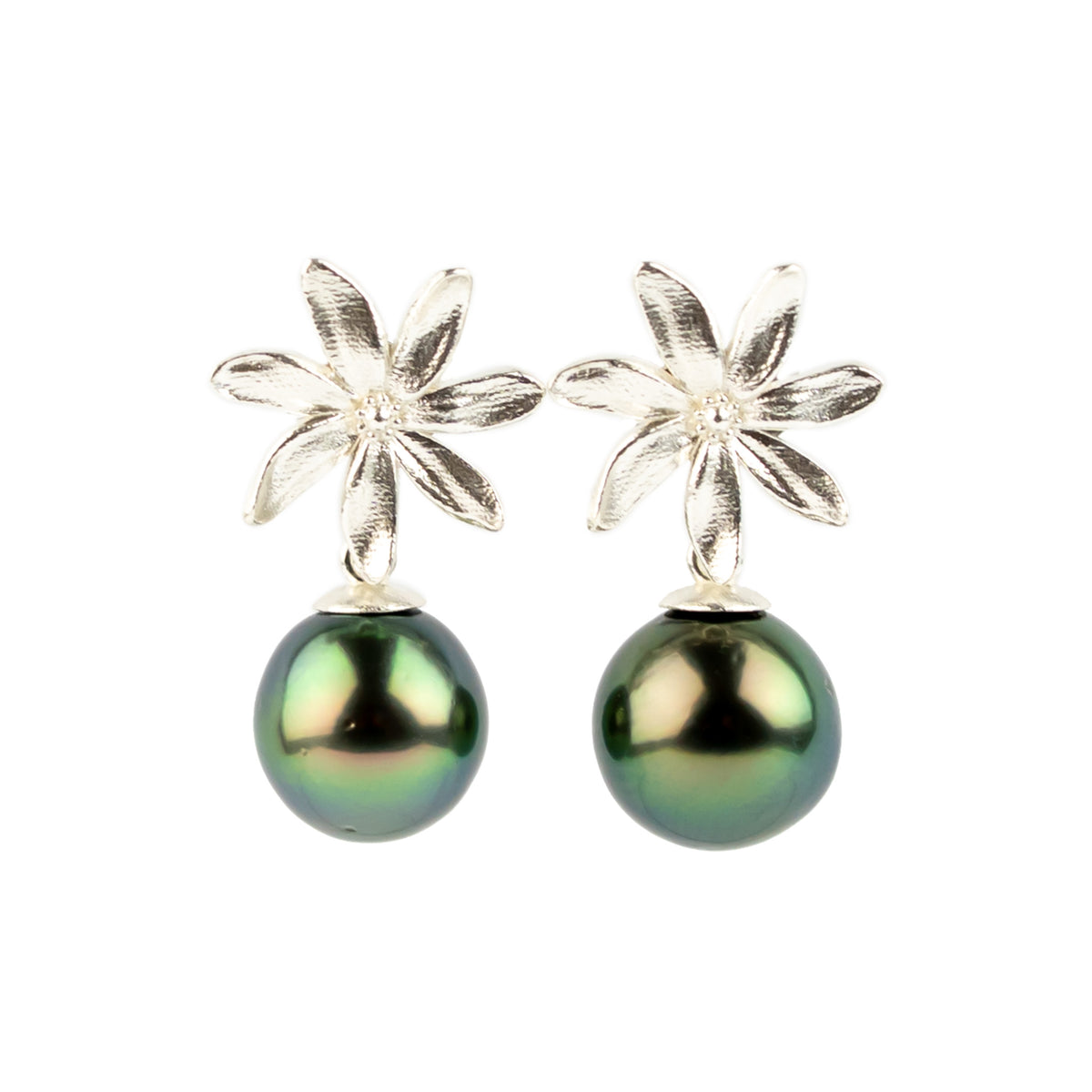 Peacock Green Tiaré Sterling Silver Tahitian Pearl Dangle Earrings
