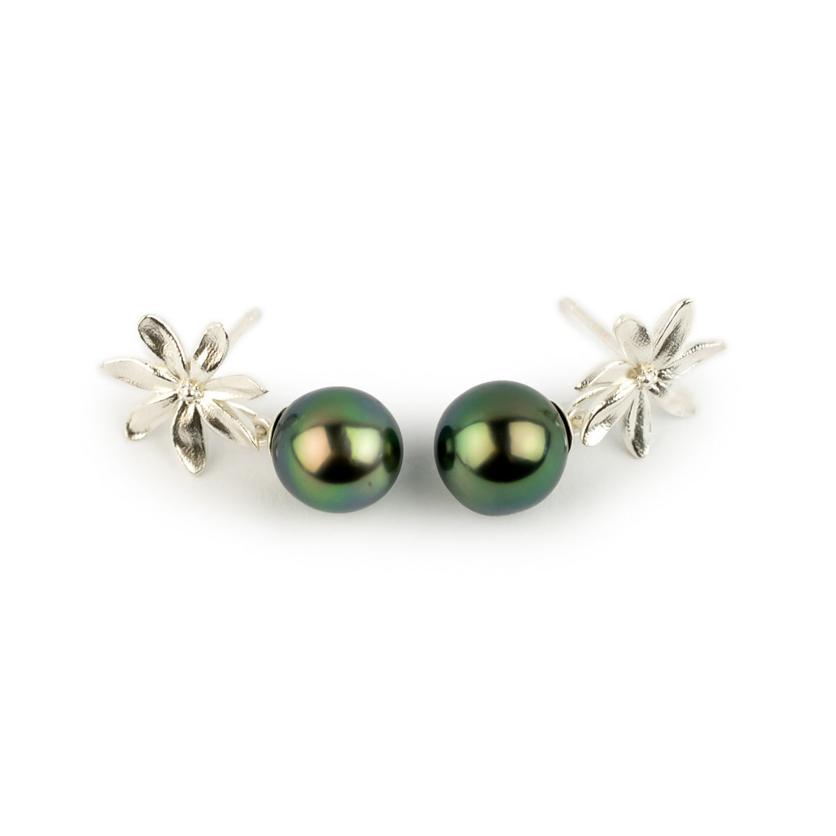 Peacock Green Tiaré Sterling Silver Tahitian Pearl Dangle Earrings