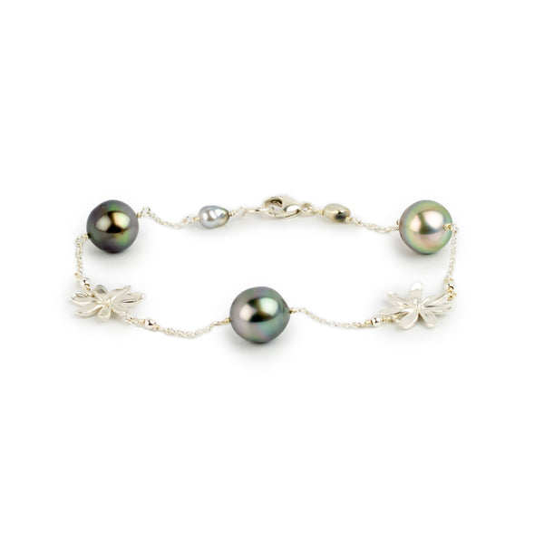 Opalescent Tiaré Tahitian Pearl Tin Cup Bracelet on Sterling Silver