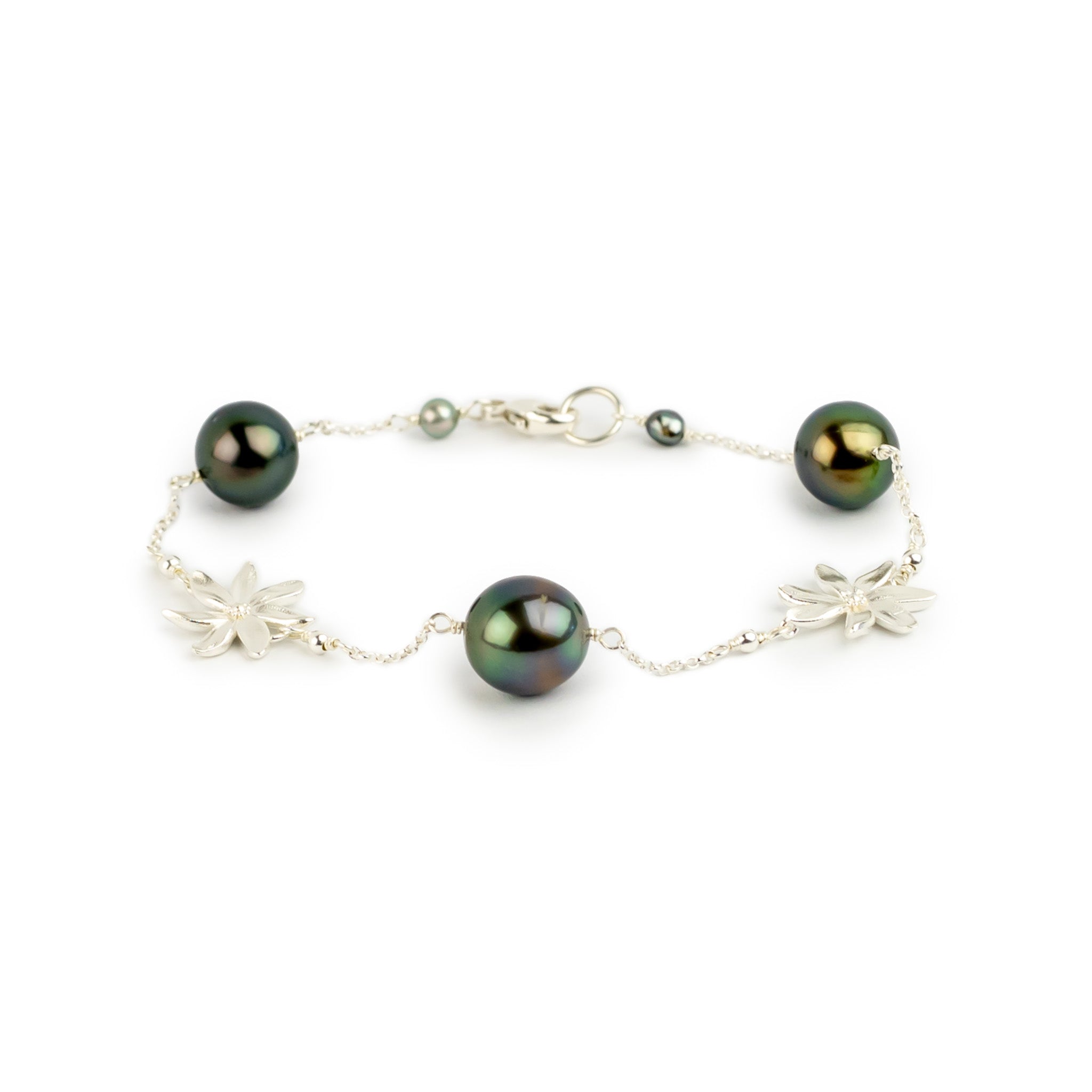Dark Rainbow Tiaré Tahitian Pearl Tin Cup Bracelet on Sterling