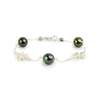 Dark Rainbow Tiaré Tahitian Pearl Tin Cup Bracelet on Sterling Silver