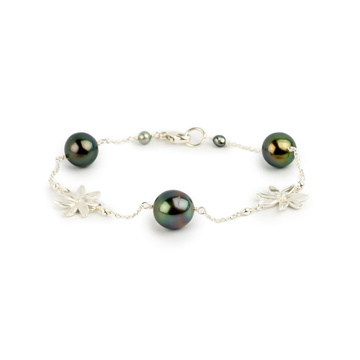 Dark Rainbow Tiaré Tahitian Pearl Tin Cup Bracelet on Sterling Silver