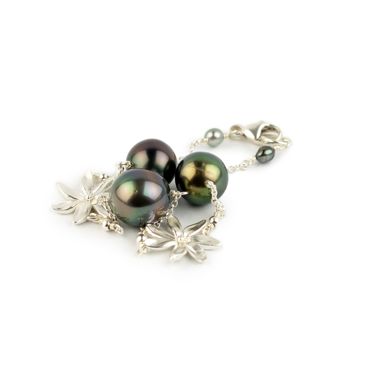 Dark Rainbow Tiaré Tahitian Pearl Tin Cup Bracelet on Sterling Silver