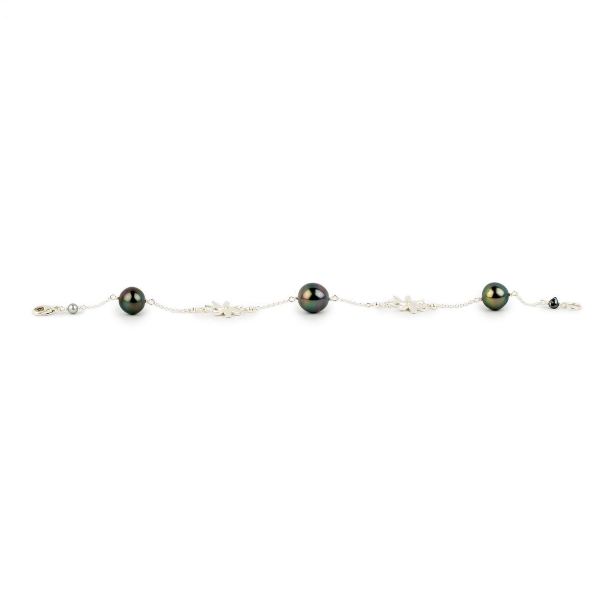 Dark Rainbow Tiaré Tahitian Pearl Tin Cup Bracelet on Sterling Silver