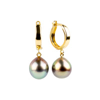 Golden Rainbow 9.4mm Tahitian Pearl Hoop Earrings on 14K Yellow Gold